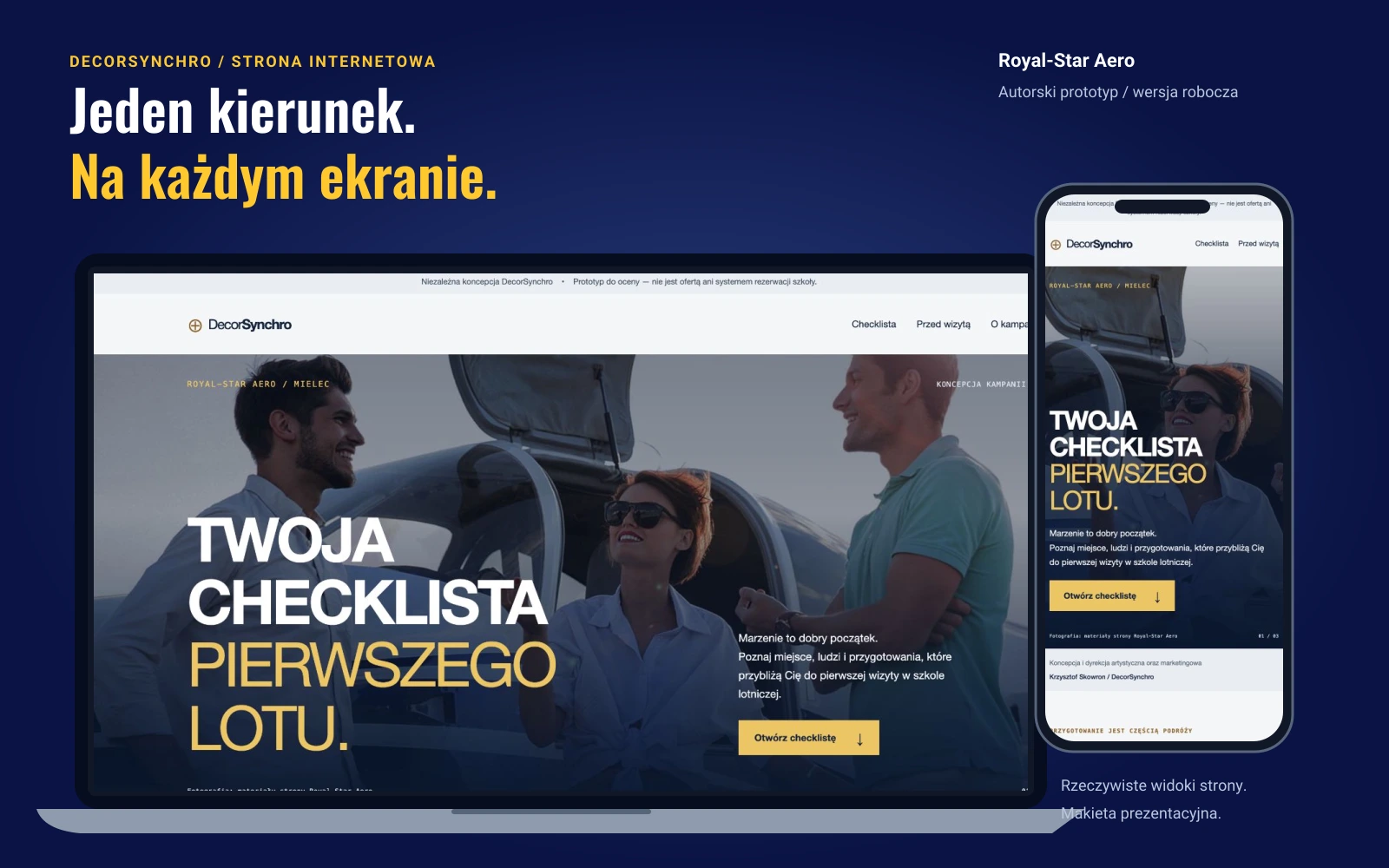 Widoki strony kampanii na laptopie i telefonie.