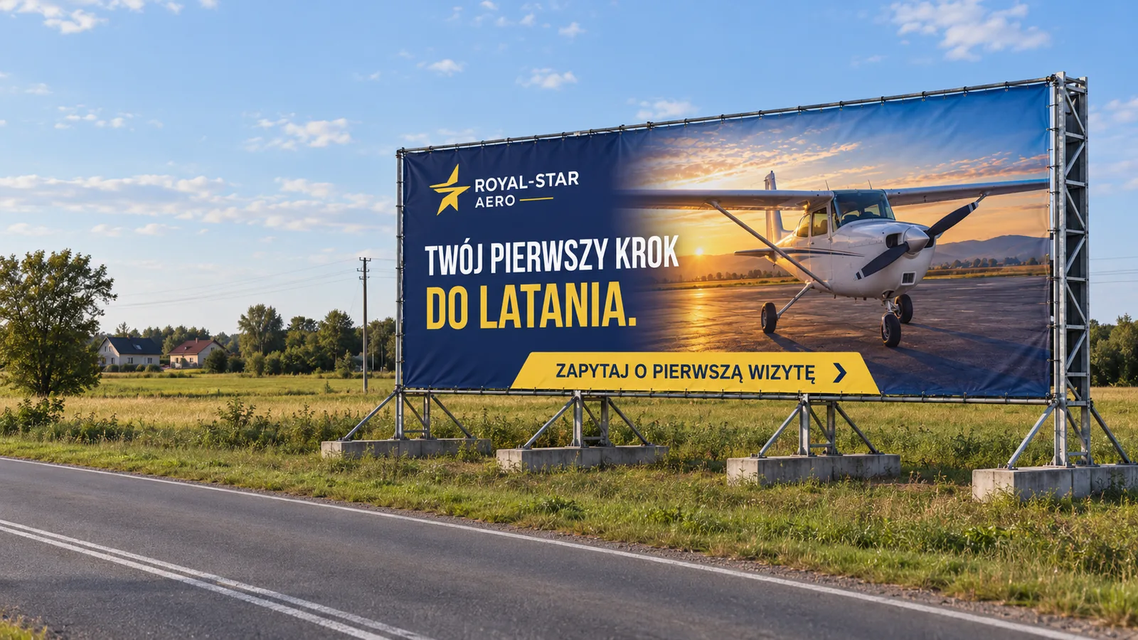 Baner przy drodze: samolot o zachodzie słońca