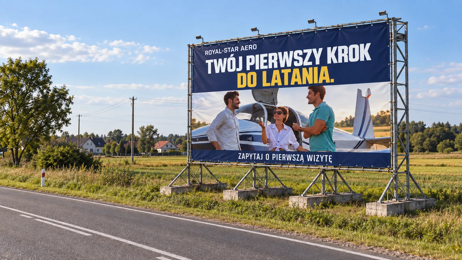 Baner przy drodze: ludzie przy samolocie