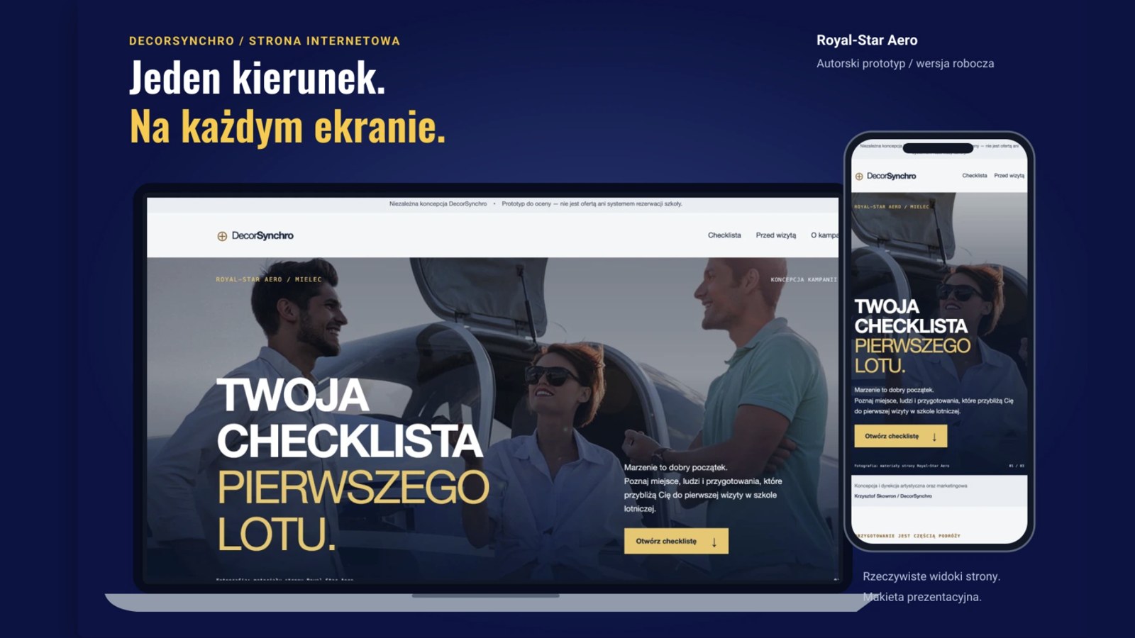 Prototyp strony szkoły lotniczej na komputerze i telefonie